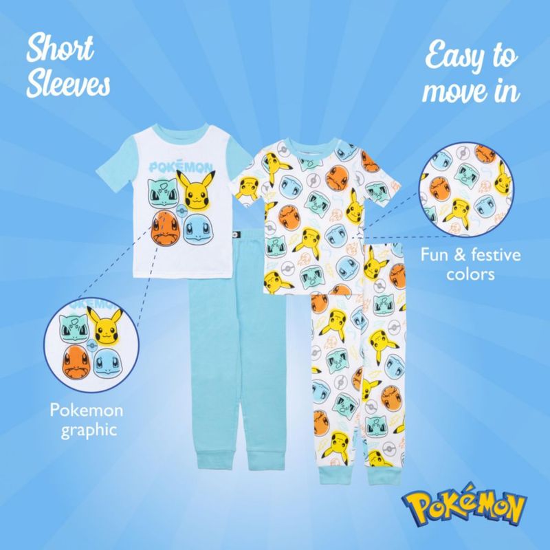 Pijamas Pokémon 8 Algodón – Conjunto de 4 Piezas Ajuste Ceñido