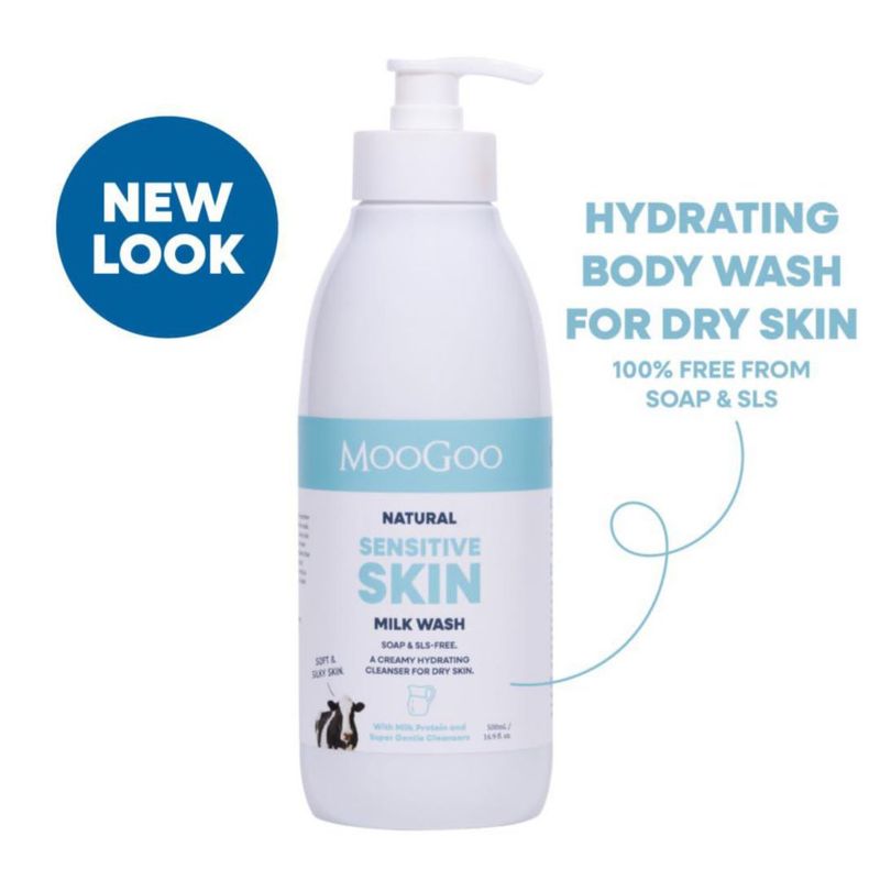 MooGoo Milk Wash - Gel de Baño Cremoso Natural y Limpiador Facial Sin Jabón Sin SLS. Para Piel Seca y Sensible 500 ml