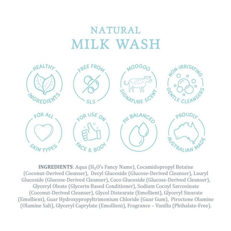 MooGoo Milk Wash - Gel de Baño Cremoso Natural y Limpiador Facial Sin Jabón Sin SLS. Para Piel Seca y Sensible 500 ml