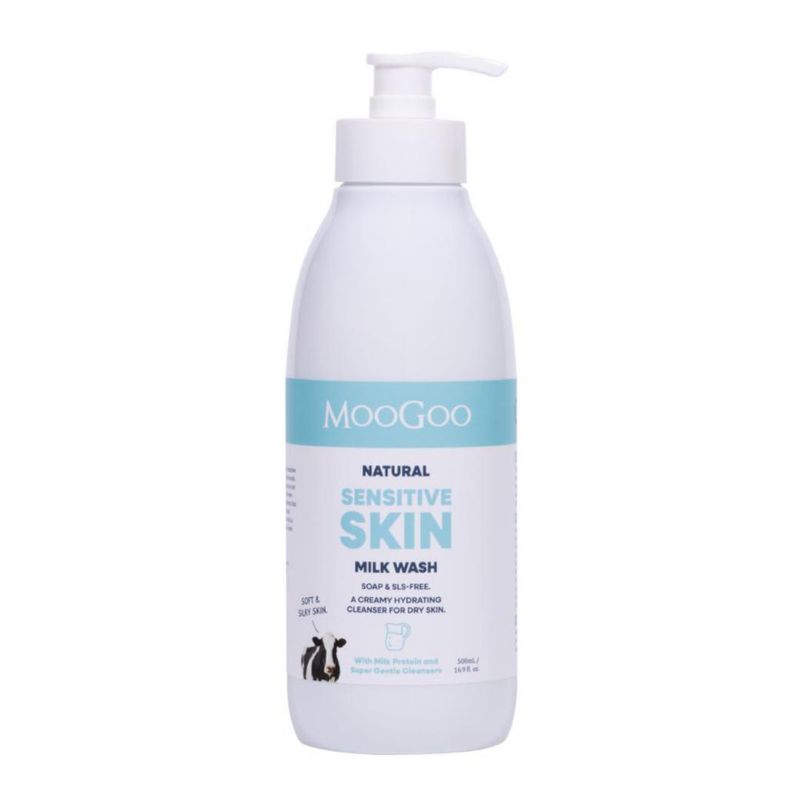 MooGoo Milk Wash - Gel de Baño Cremoso Natural y Limpiador Facial Sin Jabón Sin SLS. Para Piel Seca y Sensible 500 ml