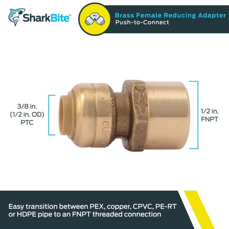 Adaptador reductor FNPT SharkBite Brass Push de 3/8 pulgadas x 1/2 pulgadas