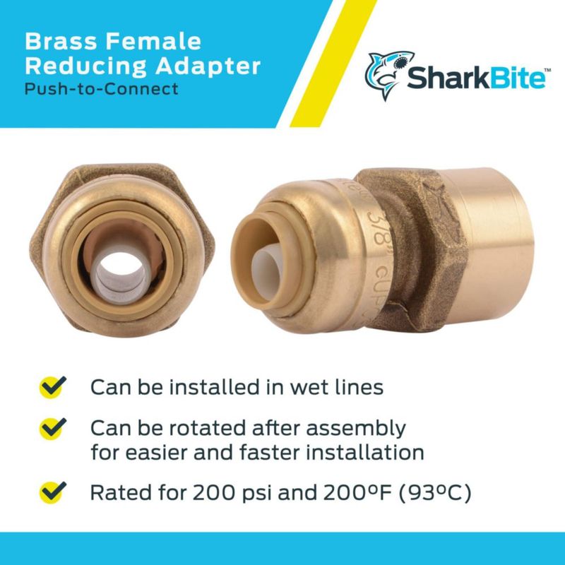 Adaptador reductor FNPT SharkBite Brass Push de 3/8 pulgadas x 1/2 pulgadas
