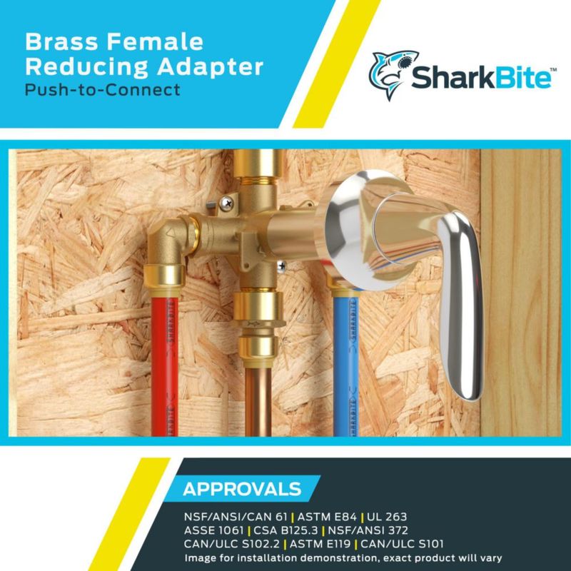 Adaptador reductor FNPT SharkBite Brass Push de 3/8 pulgadas x 1/2 pulgadas
