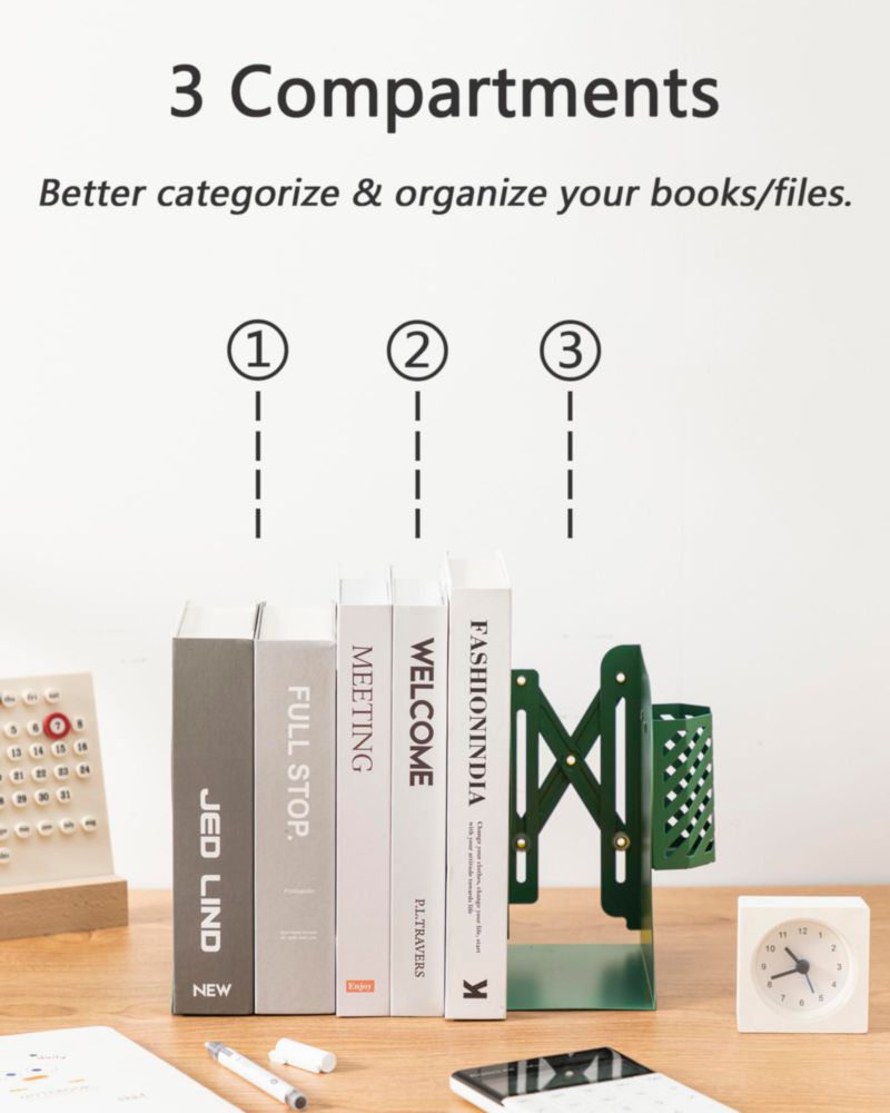 Separador de libros Kingsmile ajustable 10-50 cm verde con porta lápiz