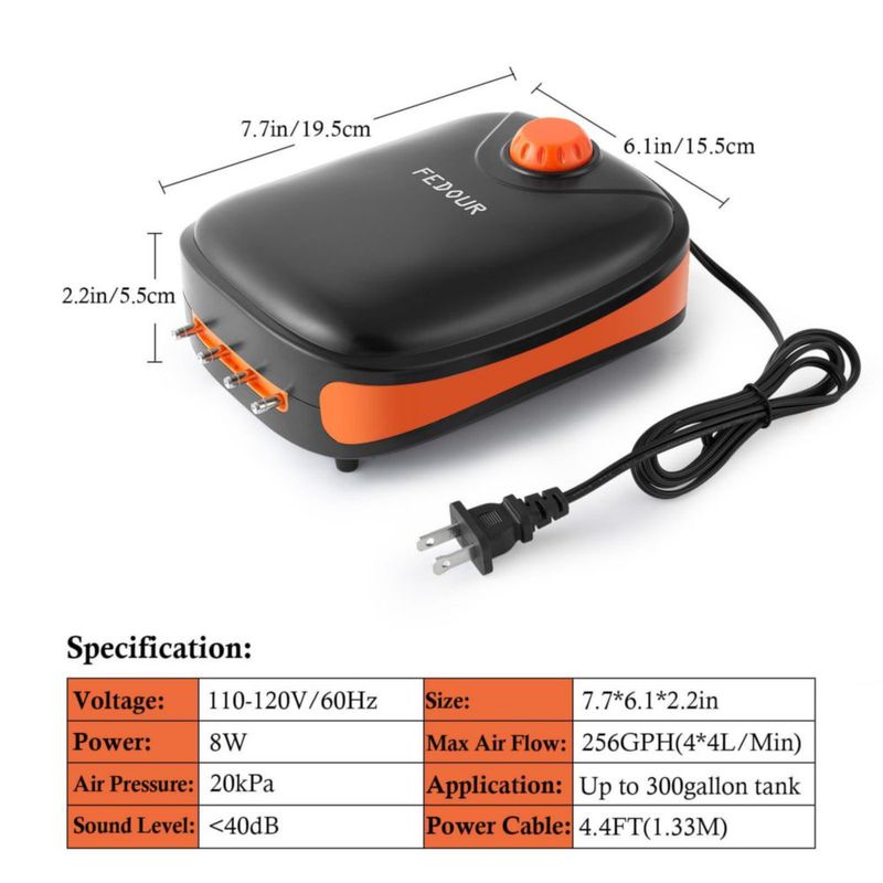 Bomba de Aire FEDOUR 256 GPH Dual/4 Salidas 110V Silenciosa