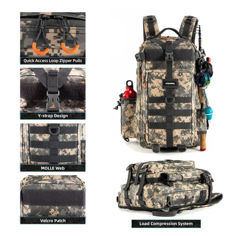 Mochila BLISSWILL 44x30x25 cm Impermeable con Soporte para Caña