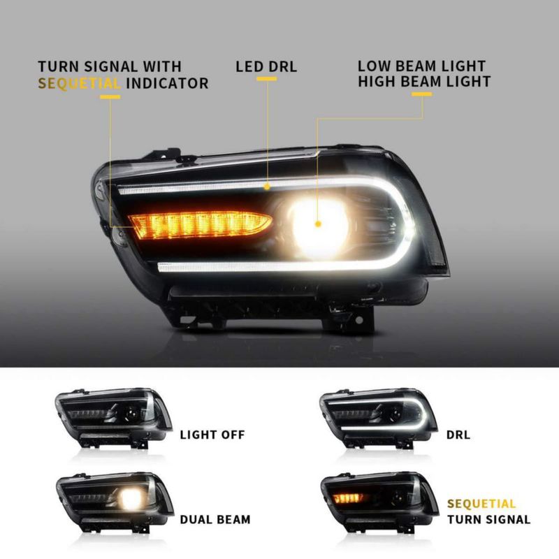 Faros delanteros LED secuenciales YUANZHENG para Dodge Charger 2011‑2014