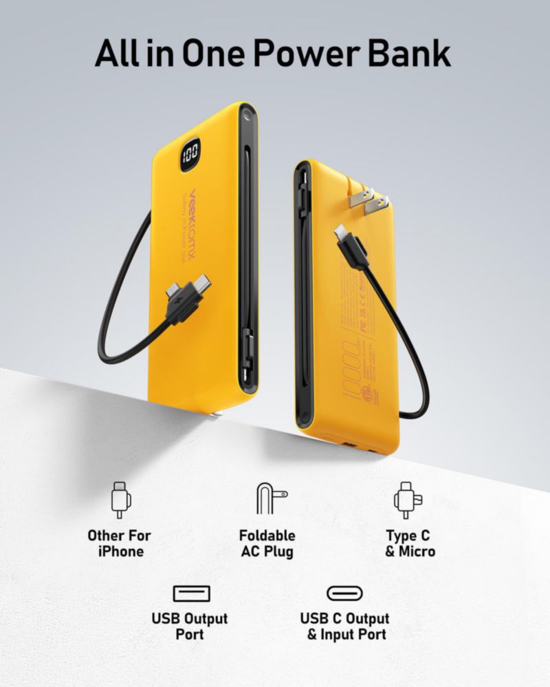Power Bank VEEKTOMX 10000 mAh con Cables Incorporados