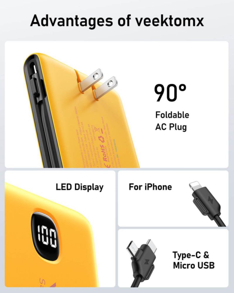 Power Bank VEEKTOMX 10000 mAh con Cables Incorporados