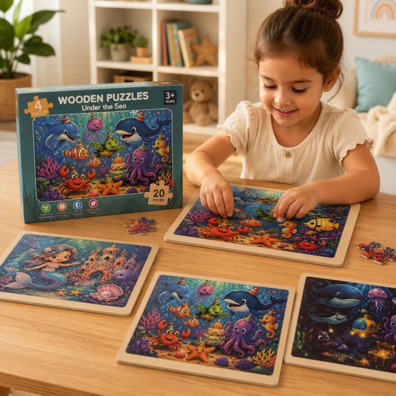 Rompecabezas NASHRIO 4 unidades de 20 piezas – Tema "Bajo el mar" – Para niños de 3 a 6 años