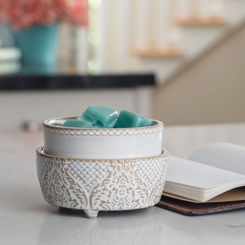 Calentador de Velas y Aromas 2 en 1 Encaje Blanco 10 cm