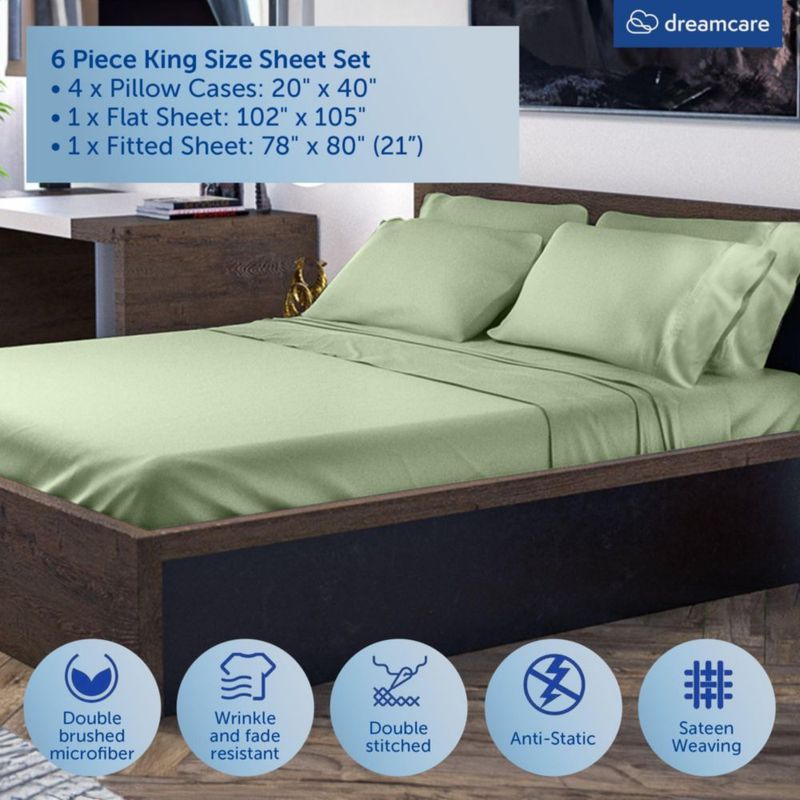 Juego de sábanas DREAMCARE King 6 piezas Verde Salvia de microfibra