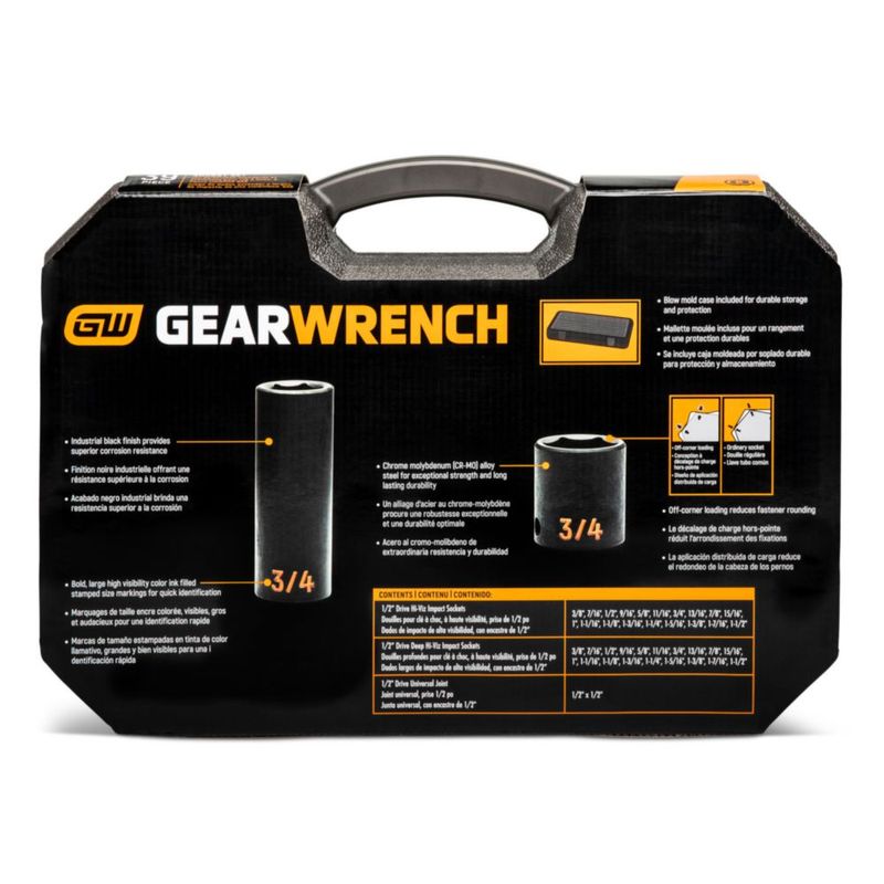 Juego de vasos de impacto GEARWRENCH 39 piezas 1/2" Dr SAE