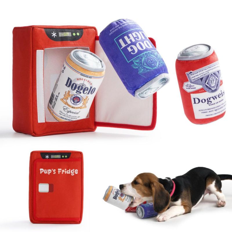 Juguetes para Perro Nocciola: Nevera de Cerveza con Silbido y Set de Latas