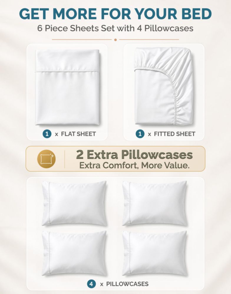 Juego de sábanas completo Casa Platino 6 piezas 100% algodón blanco