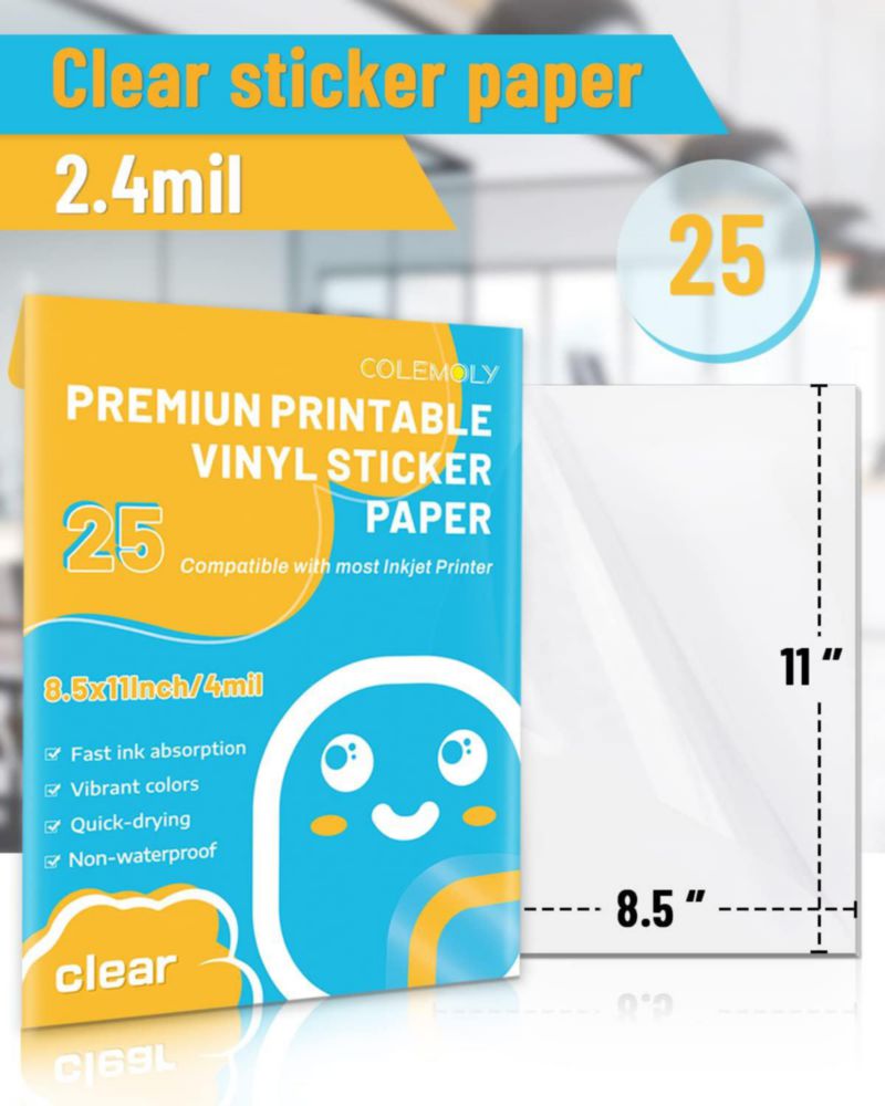 Papel vinilo para stickers transparente Colemoly – 25 hojas 21 × 29 cm