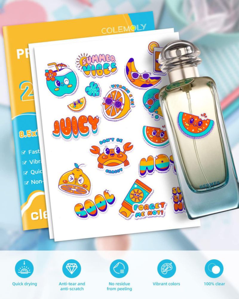 Papel vinilo para stickers transparente Colemoly – 25 hojas 21 × 29 cm