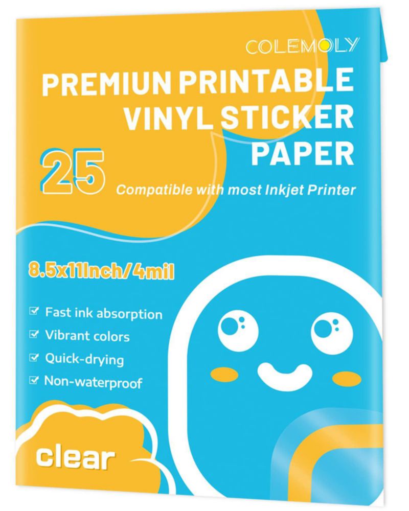 Papel vinilo para stickers transparente Colemoly – 25 hojas 21 × 29 cm