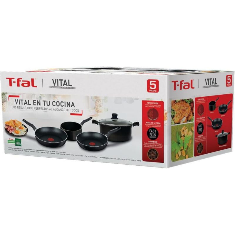 BATERÍA T-FAL MOD. VITAL 5 PZAS NEGRO ALUMINIO RECUBRIMIENTO ANTIADHERENTE EASY PLUS MANGOS BAQUELITA TAPA DE VIDRIO CON SALIDA DE VAPOR