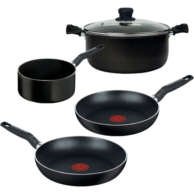 BATERÍA T-FAL MOD. VITAL 5 PZAS NEGRO ALUMINIO RECUBRIMIENTO ANTIADHERENTE EASY PLUS MANGOS BAQUELITA TAPA DE VIDRIO CON SALIDA DE VAPOR