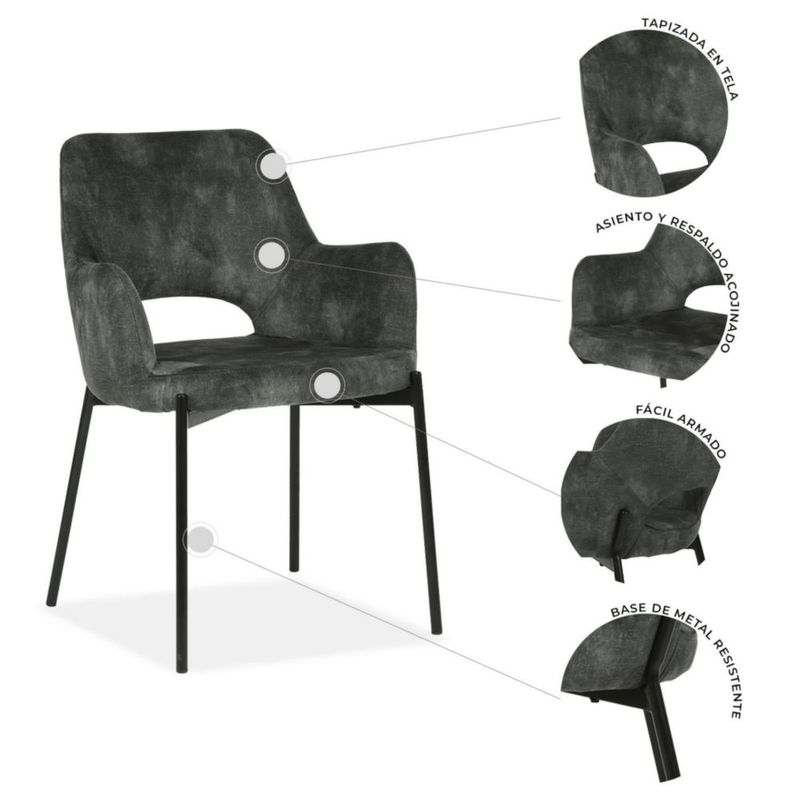 Set de 2 Sillas de Comedor Gris Tapizadas Diseño Contemporáneo