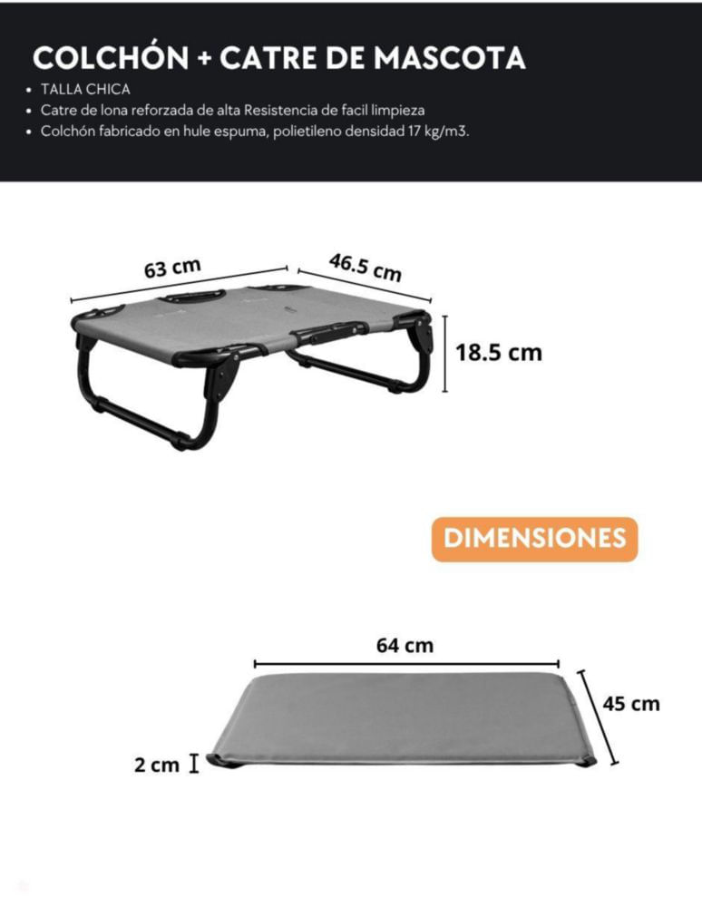 KIT Catre/Cama + Colchoneta Pegaso para Mascotas Chico Modelo KIT KM-CH GRIS