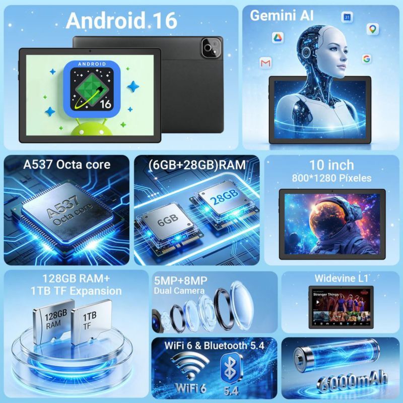 Tablet TT.KIDS Android 16 con 34 GB de RAM 128 GB de almacenamiento y Wi‑Fi 6