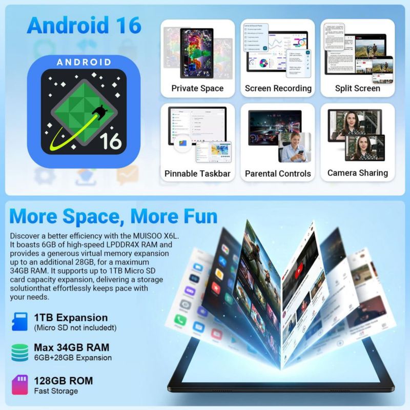 Tablet TT.KIDS Android 16 con 34 GB de RAM 128 GB de almacenamiento y Wi‑Fi 6