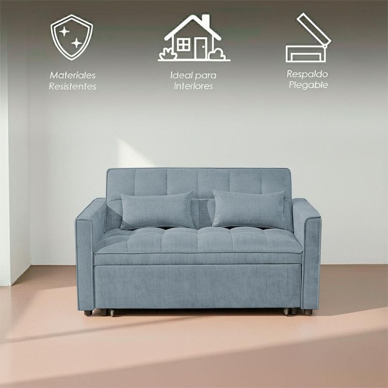 Ilios Innova | Sofá Cama Nova Azul 2 en 1, Diseño Moderno Multifuncional con Ruedas, Bolsillos Laterales y Cojines.