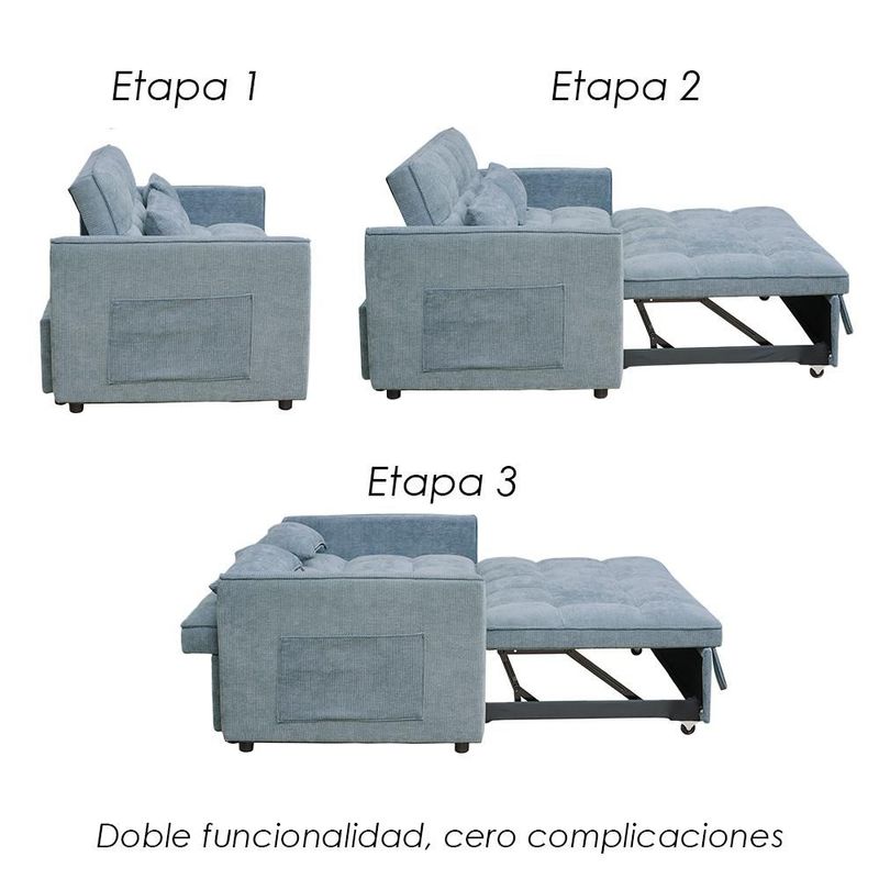 Ilios Innova | Sofá Cama Nova Azul 2 en 1, Diseño Moderno Multifuncional con Ruedas, Bolsillos Laterales y Cojines.