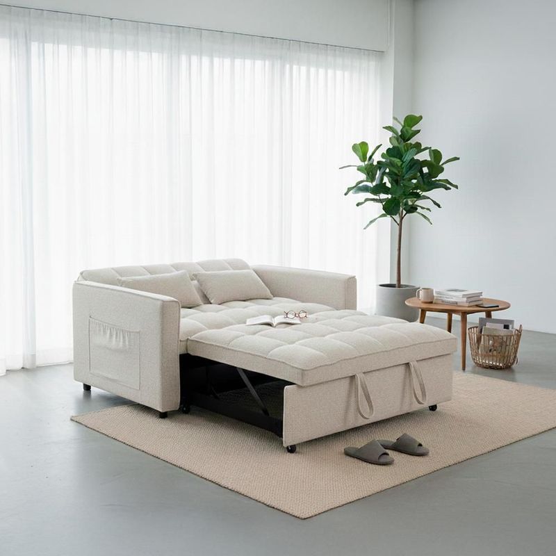 Ilios Innova | Sofá Cama Nova Beige 2 en 1, Diseño Moderno Multifuncional con Ruedas, Bolsillos Laterales y Cojines.