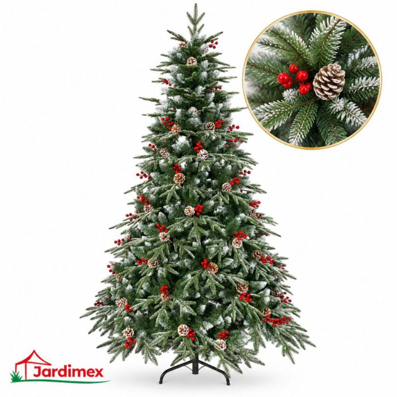 Arbol De Navidad Nevado 2.10 M Pino Navideño Piñas Y Cerezas