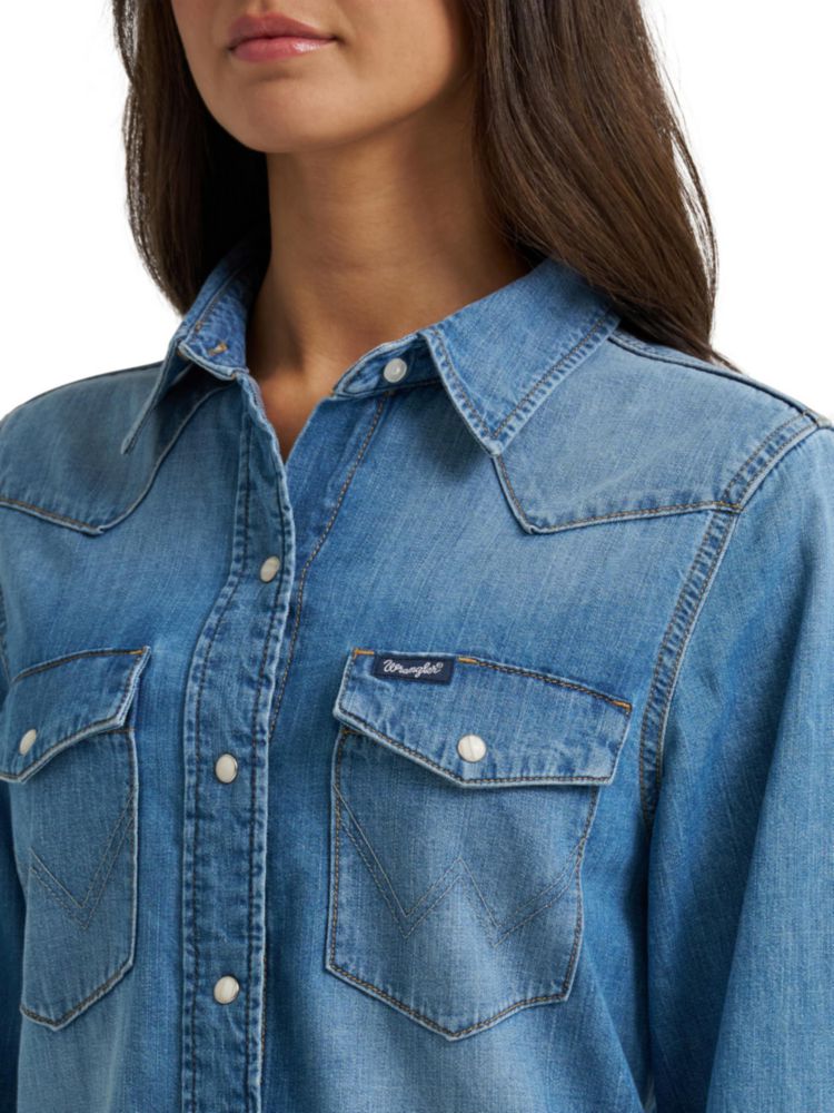 Camisa Wrangler Mujer Talla Mediana Denim Claro Manga Larga