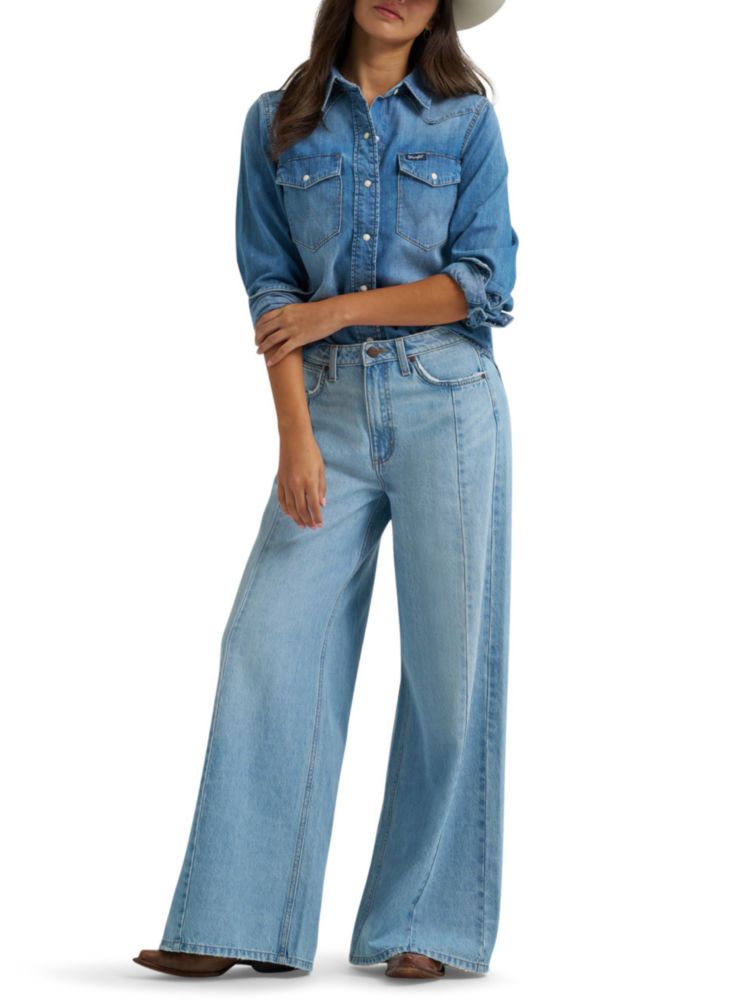 Camisa Wrangler Mujer Talla Mediana Denim Claro Manga Larga