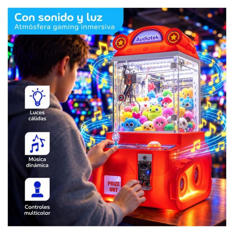 Maquina Garra Caza Peluches Rojo Audiotek Mini Doll Luz LED Sonido Juego Niños Adultos Negocios