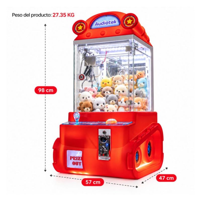 Maquina Garra Caza Peluches Rojo Audiotek Mini Doll Luz LED Sonido Juego Niños Adultos Negocios