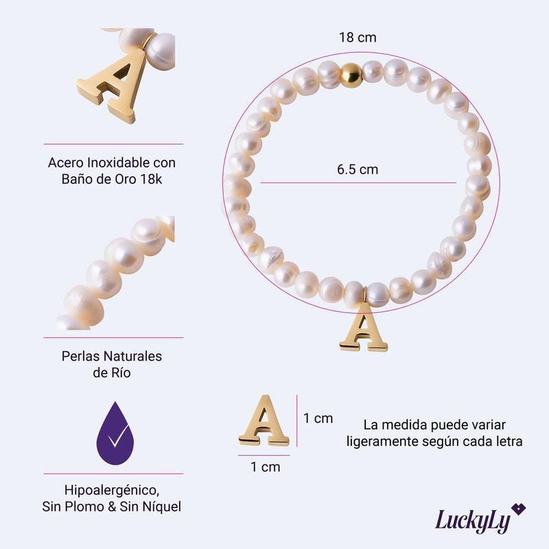 Pulsera luckyly baño de oro 18k dije iniciales a - z y perlas galia