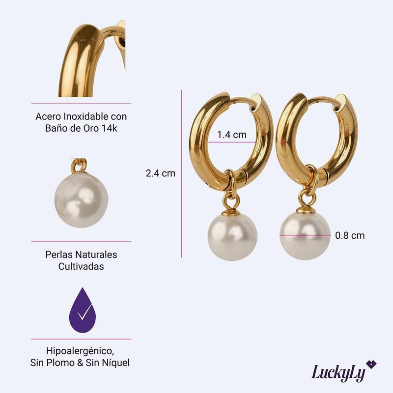 Aretes luckyly acero inoxidable con baño de oro 14k y perlas connie