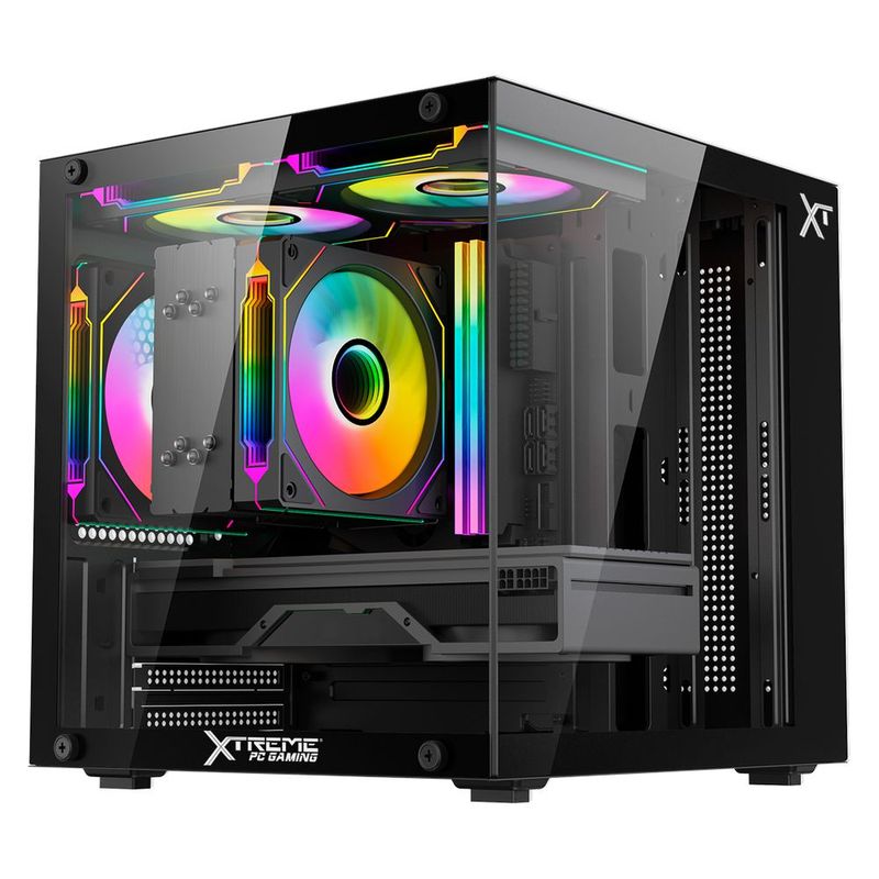 Gabinete xtreme pc crystal compact mini torre 3 fan argb bk