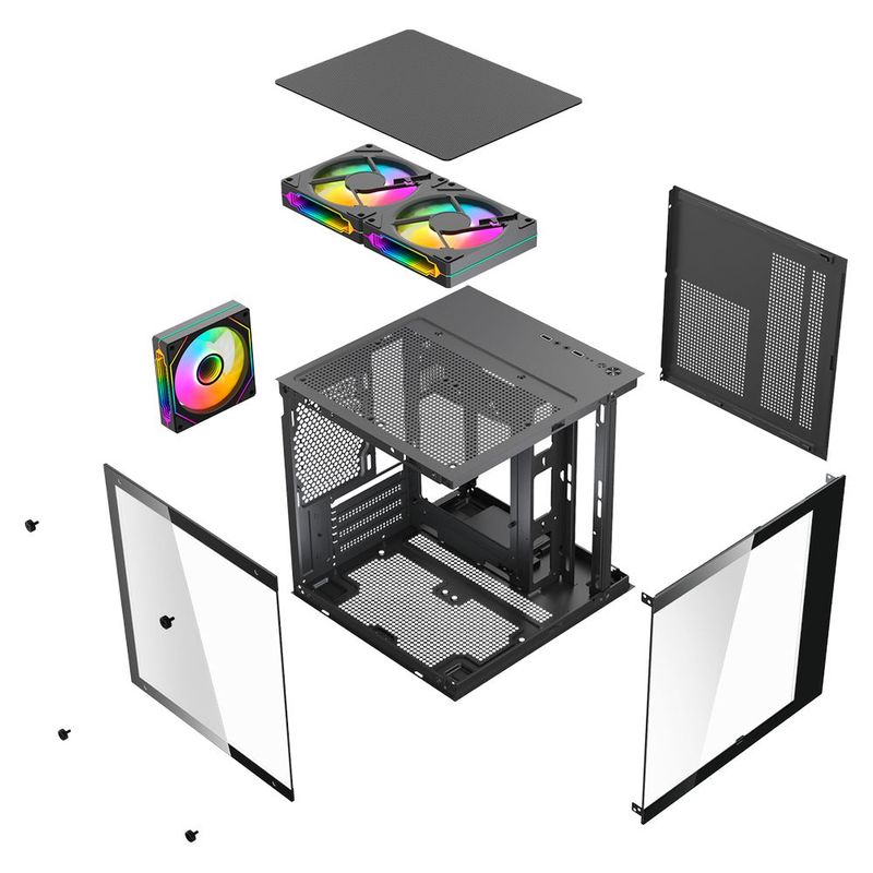Gabinete xtreme pc crystal compact mini torre 3 fan argb bk