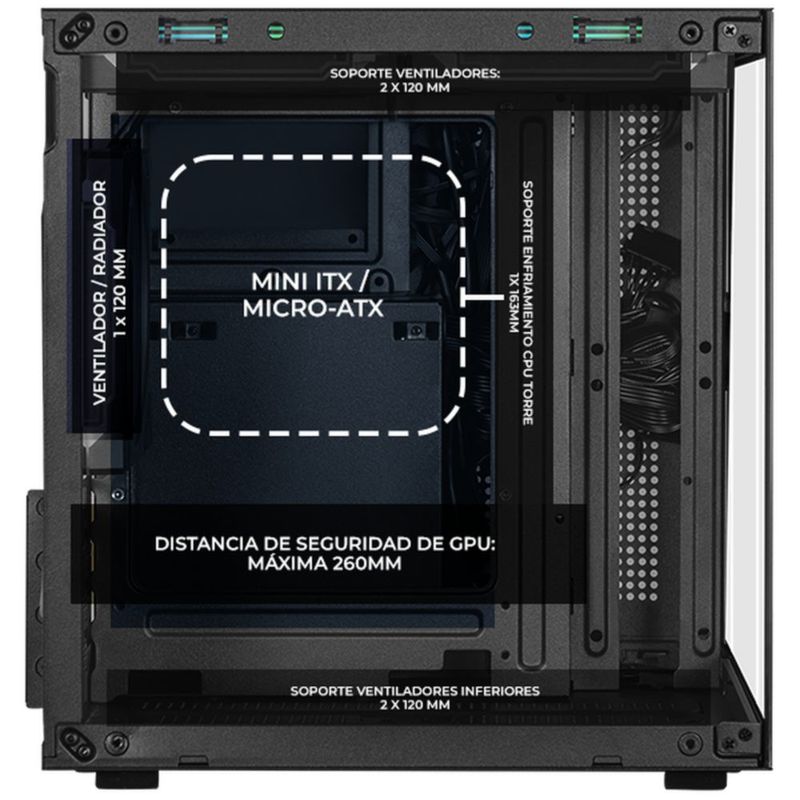 Gabinete xtreme pc crystal compact mini torre 3 fan argb bk