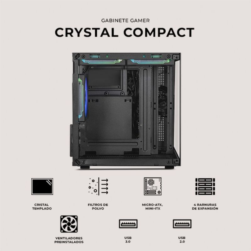 Gabinete xtreme pc crystal compact mini torre 3 fan argb bk