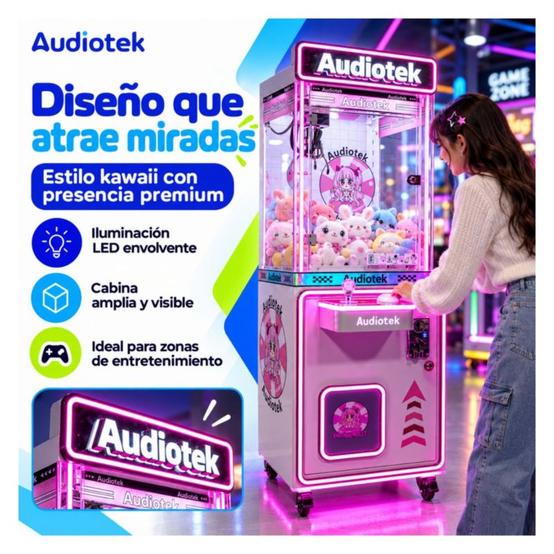 Maquina Caza Peluches Garra Arcade Audiotek Movil Mini Doll Luz Rosa Neon