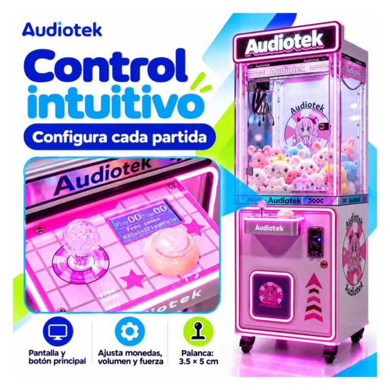 Maquina Caza Peluches Garra Arcade Audiotek Movil Mini Doll Luz Rosa Neon
