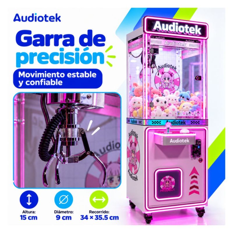 Maquina Caza Peluches Garra Arcade Audiotek Movil Mini Doll Luz Rosa Neon