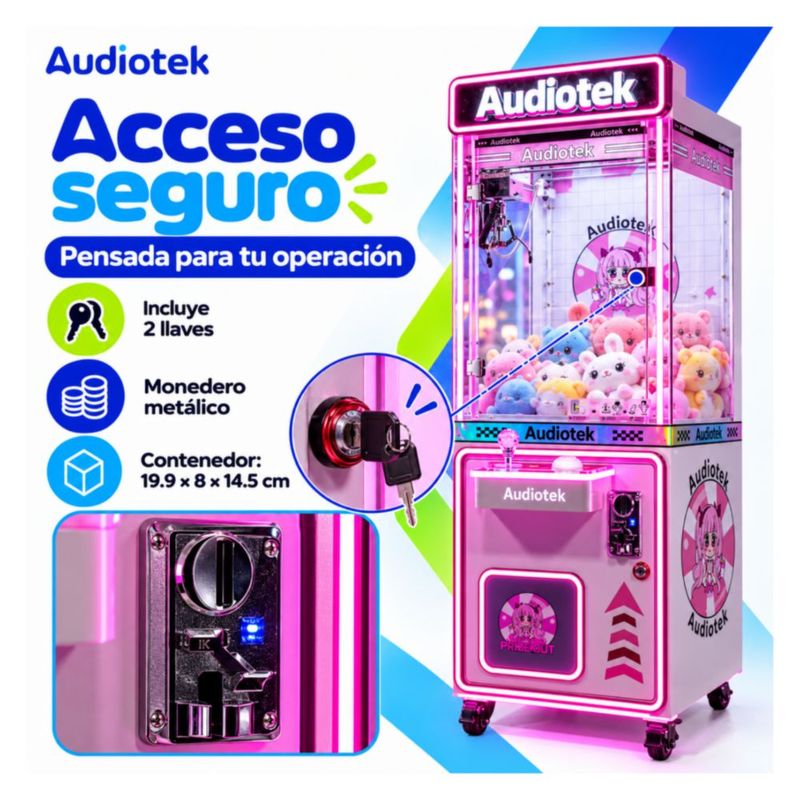 Maquina Caza Peluches Garra Arcade Audiotek Movil Mini Doll Luz Rosa Neon