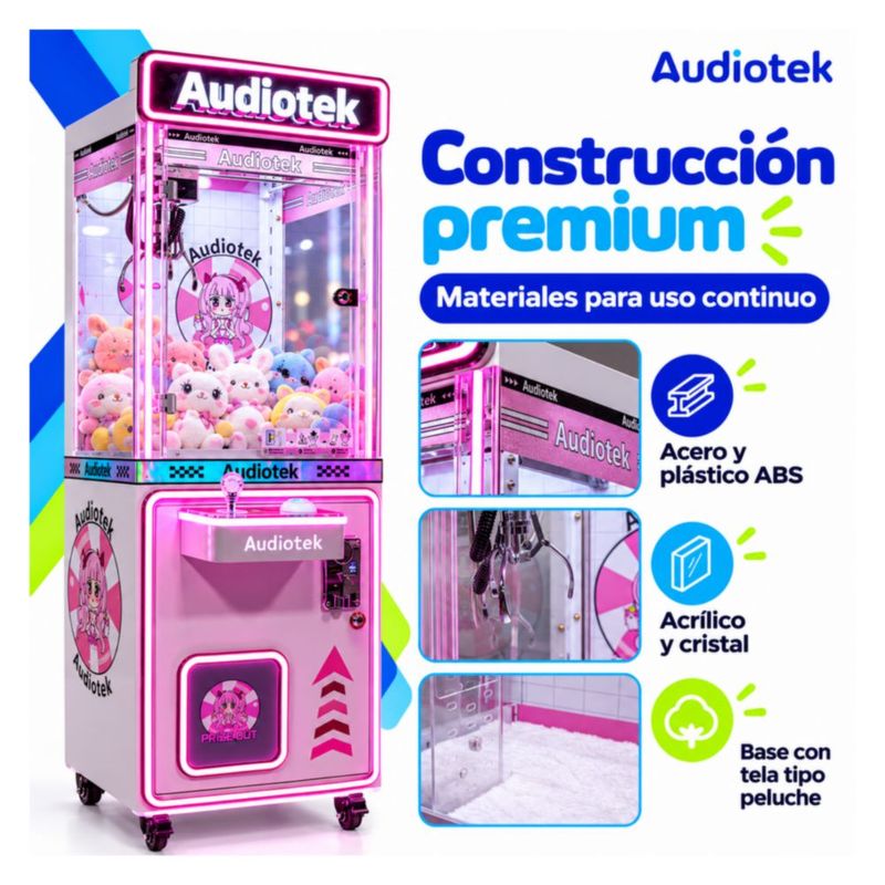 Maquina Caza Peluches Garra Arcade Audiotek Movil Mini Doll Luz Rosa Neon