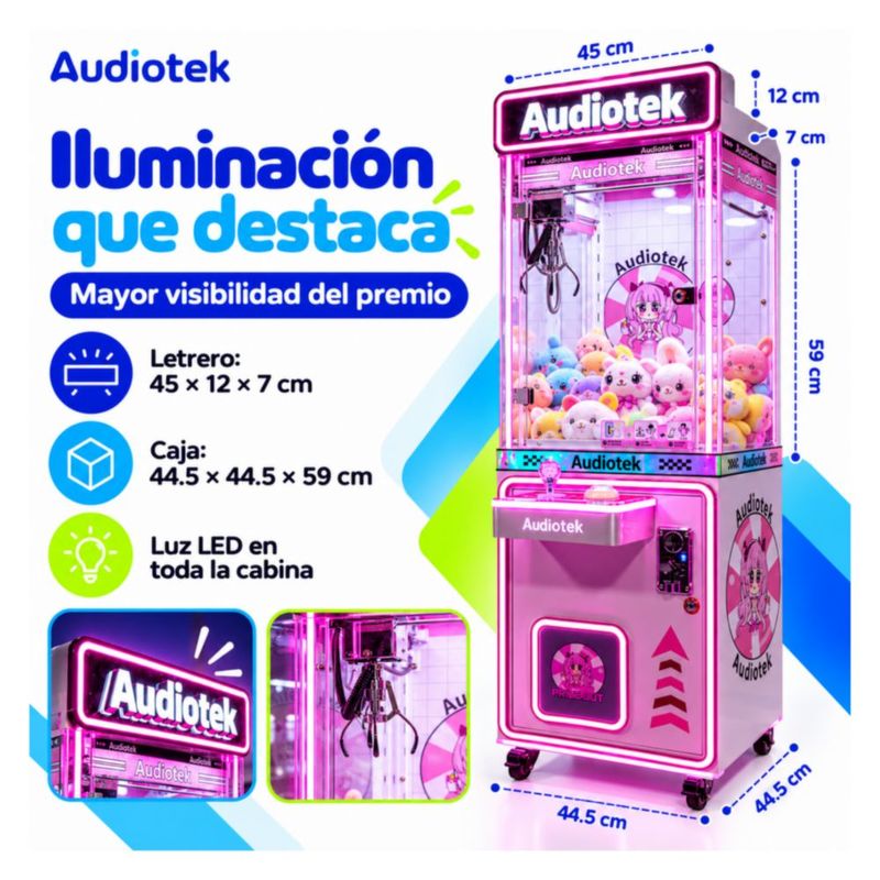 Maquina Caza Peluches Garra Arcade Audiotek Movil Mini Doll Luz Rosa Neon