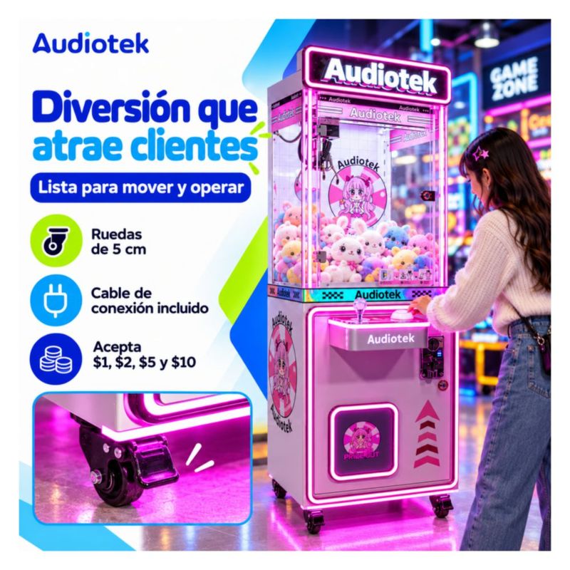 Maquina Caza Peluches Garra Arcade Audiotek Movil Mini Doll Luz Rosa Neon