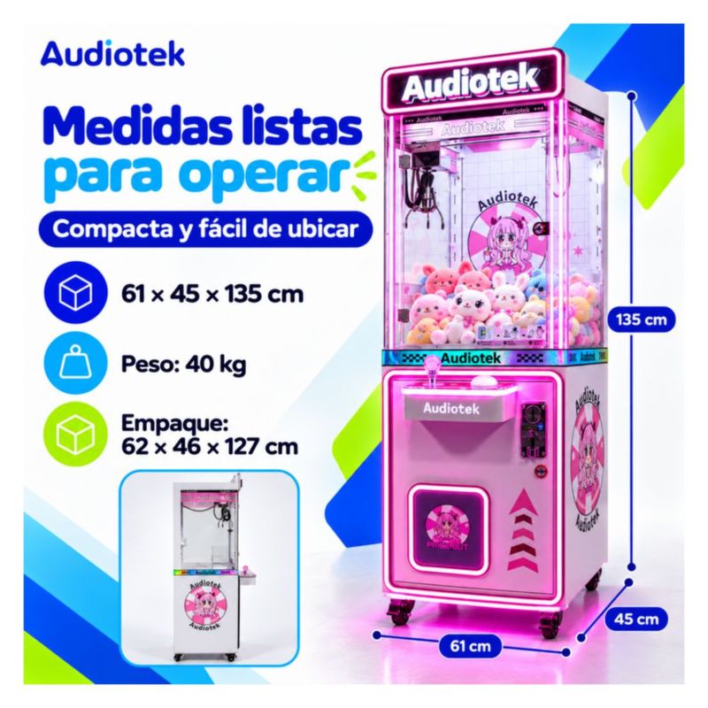 Maquina Caza Peluches Garra Arcade Audiotek Movil Mini Doll Luz Rosa Neon
